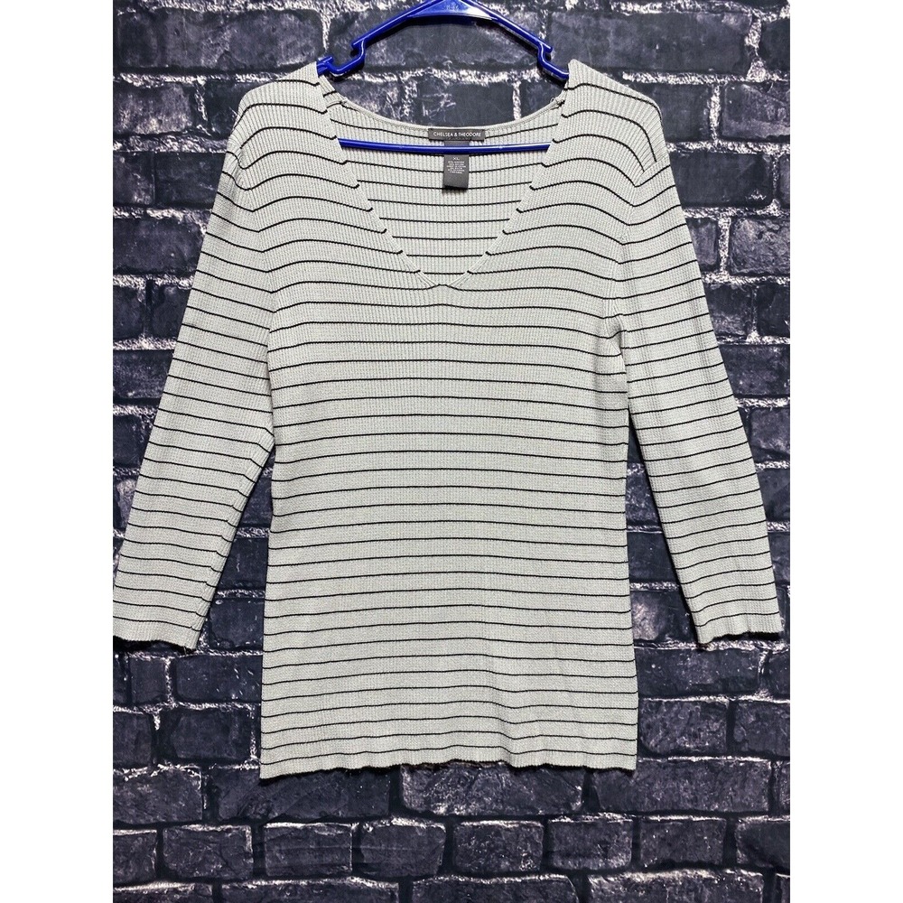 Chelsea & Theodore Top Womens XL Gray Black Stripe Long Sleeve Knit Casual